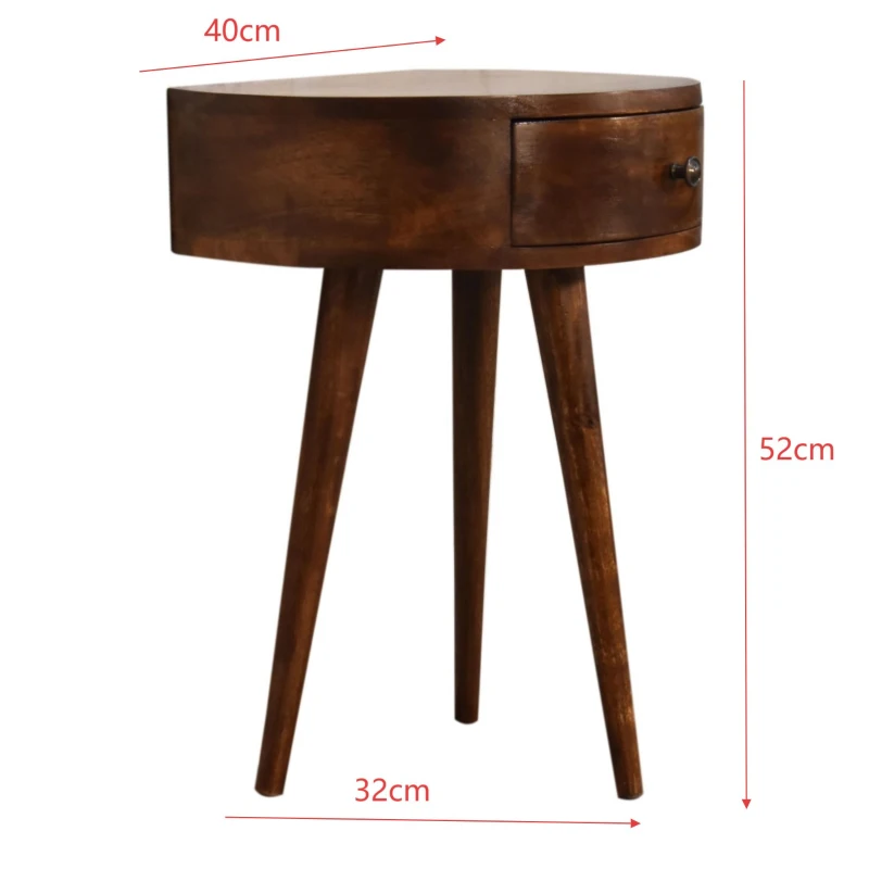 100% Solid Mango Wood Semi-Circular Bedside Table with Distinctive Grain, Desk with Drawer and Nordic Legs, 32L x 40W x 52H cm, Brown