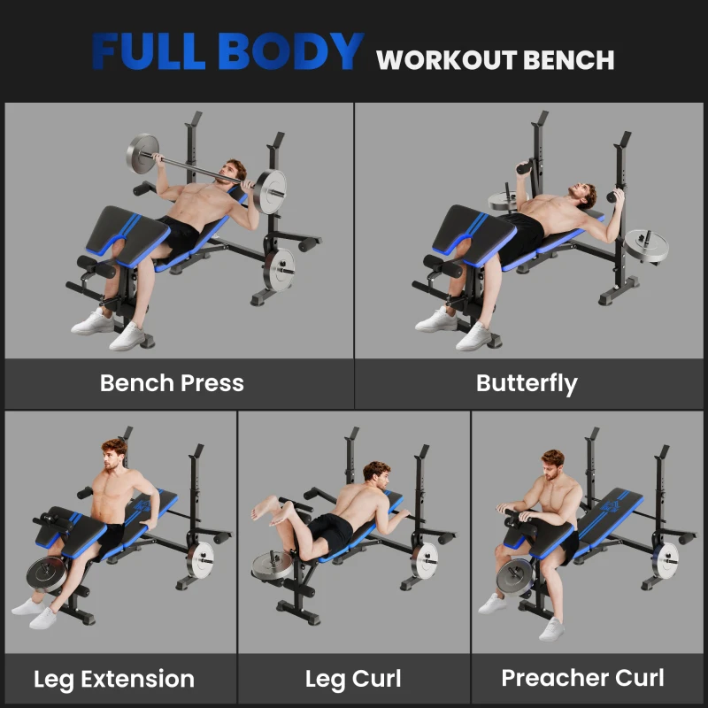 HOMCOM Adjustable Weight Bench with Leg Extension, Barbell Rack, Preacher Curl Pad, Butterfly, Multi-Function Home Gym Bench for Strength Training, Blue