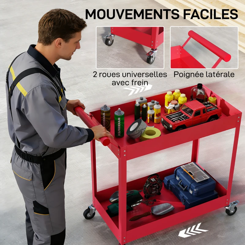 DURHAND Chariot d'atelier servante atelier à 2 niveaux, poignée latérale et roulettes verrouillables, 84,5x38x84cm, rouge