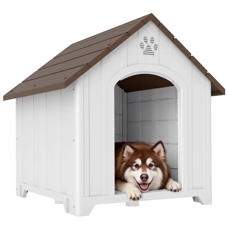 PawHut Caseta para Perros Exterior Casa para Perros Extragrandes de Plástico con 2 Ventanas Base Elevada Estacas Marrón Oscuro