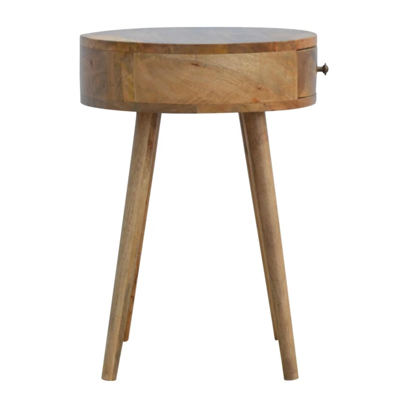 Solid Mango Wood Nordic Round Bedside Table with Unique Grain Pattern, Nightstand with Nordic Legs and Drawer, 40L x 40W x 56H cm, Brown