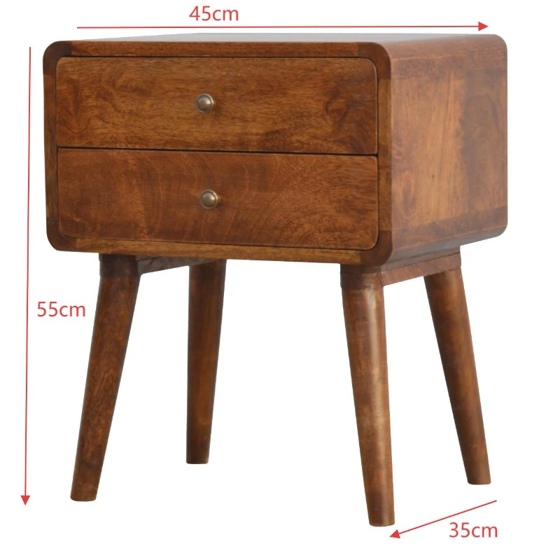 Solid Wood Curved Bedside Table with 2 Drawers and Natural Wood Grain, Handcrafted Desk for Living Room, 35L x 45W x 55H cm, Brown
