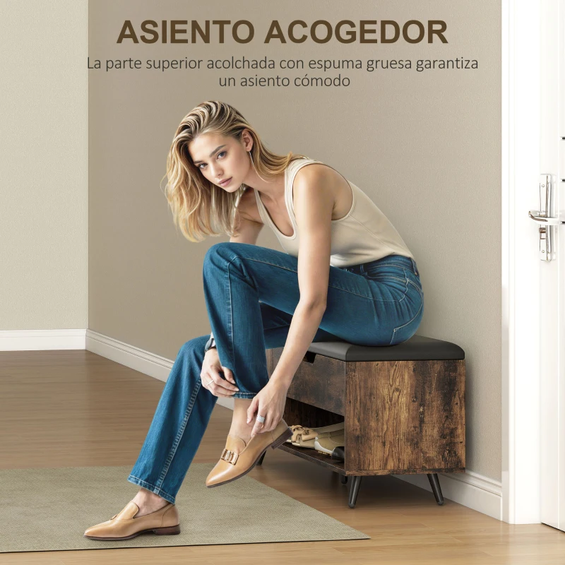 HOMCOM Banco Zapatero Industrial con Asiento Acolchado Compartimento Oculto Estantes Puertas 127x35x59 cm Marrón Rústico