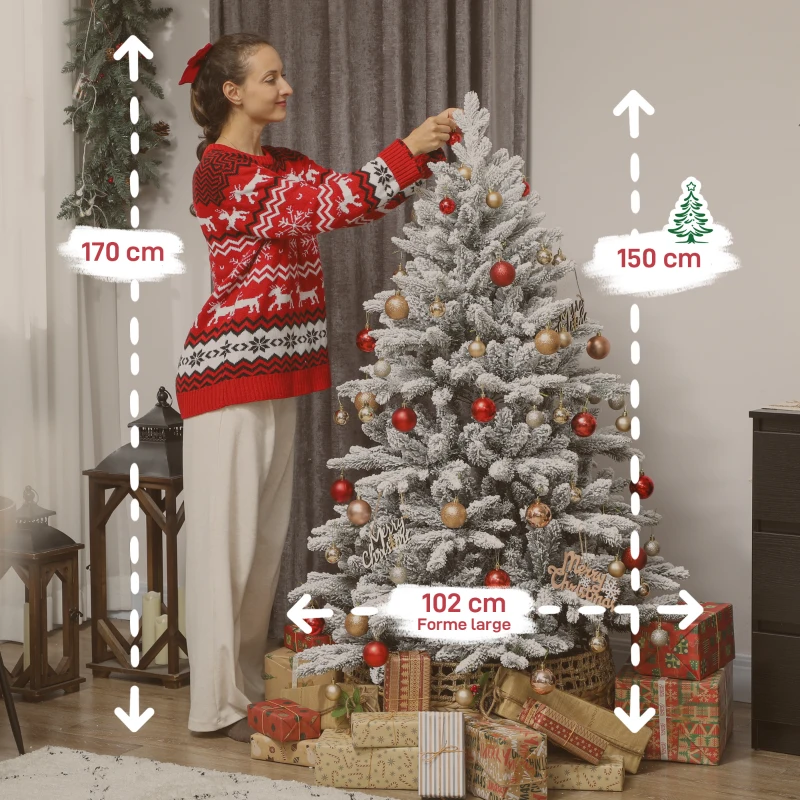 HOMCOM Sapin de Noël artificiel floqué de neige 150 cm, arbre de Noël avec 768 branche, support en métal pliable, vert