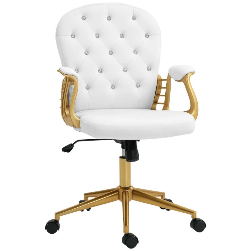 Vinsetto Height Adjustable Home Office Chair, Button Tufted Computer Chair with Padded Armrests and Tilt Function, Cream White