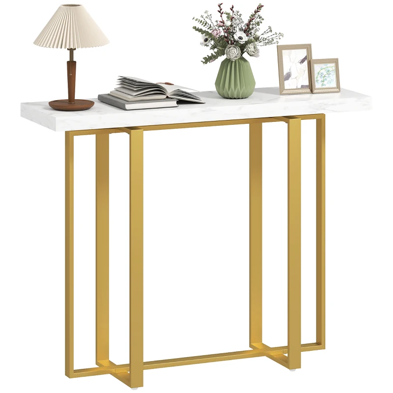HOMCOM Console Table with Faux Marble Top, 100 cm Narrow Entryway Table with Anti-tipping Device, Steel Frame, White