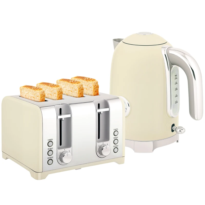 HOMCOM Retro 3000W Kettle and Toaster Set - Cream