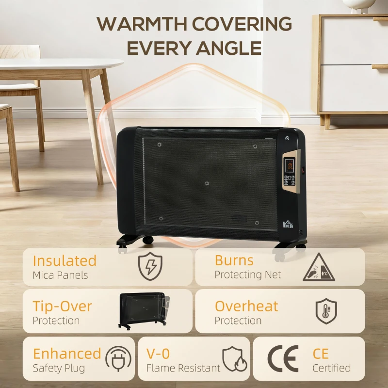 HOMCOM Mica Electric Space Heater, Portable Heater for Home with 2 Heat Settings, Living Room, Study, Garage, Adjustable Temperature 18-30°C, 1000W/2000W, Black
