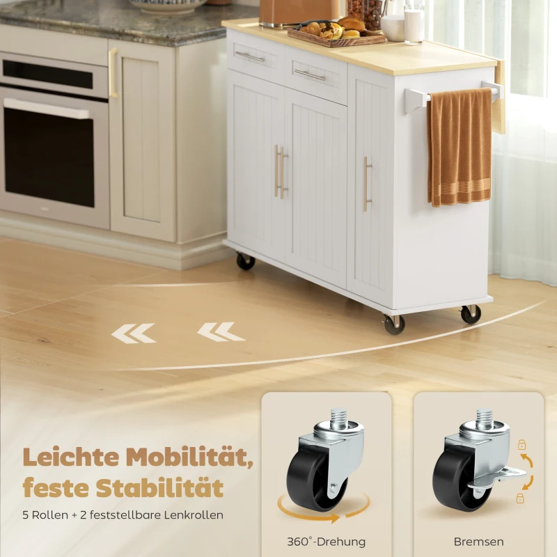HOMCOM Fahrbare Kücheninsel, erweiterbare Oberfläche, Schranktüren, Schubladen, Handtuchhalter, Küchenwagen aus MDF, Weiß