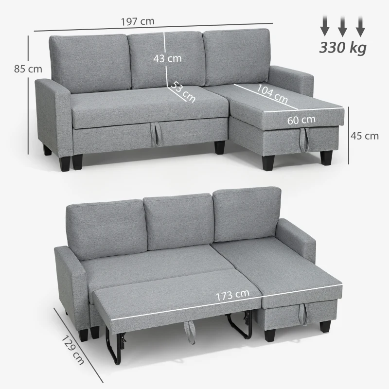 HOMCOM Three-Seater Storage Sofa Bed - Grey