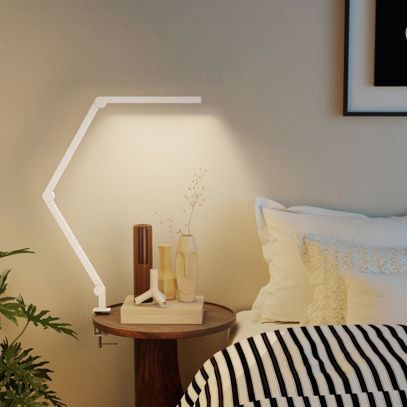 HOMCOM LED Desk Lamp, Dimmable Desk Light with Swing Arm and Clamp, Adjustable Eye-Caring Table Lamp with 2 Colour Modes & 5 Brightness Levels for Study, Drawing, Office, Architect, Task, White