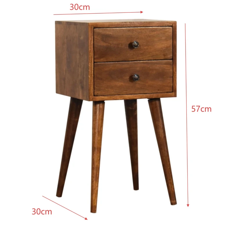 Solid Mango Wood Mini Bedside Cabinet with 2 Smooth-Gliding Drawers, Handcrafted Desk with Nordic Slim Legs, 30L x 30W x 57H cm, Brown