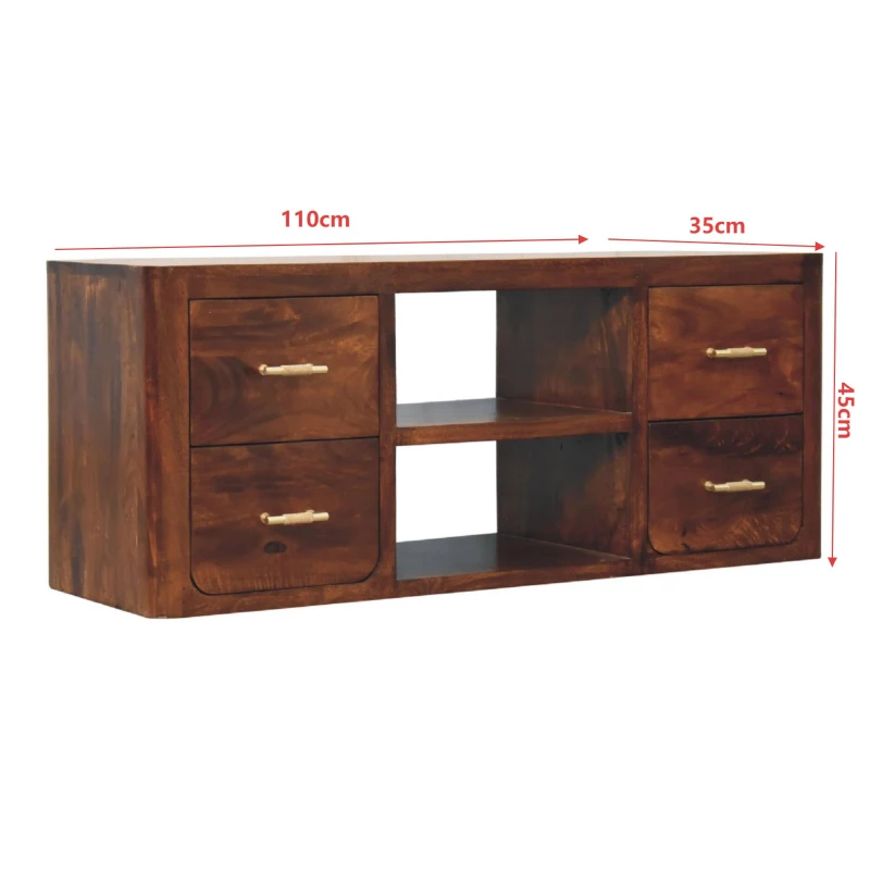 Solid Wood Luca Media Unit with 2 Open Compartments and 4 Drawers, Handcrafted TV Cabinet for Living Room, 35L x 110W x 45H cm, Brown