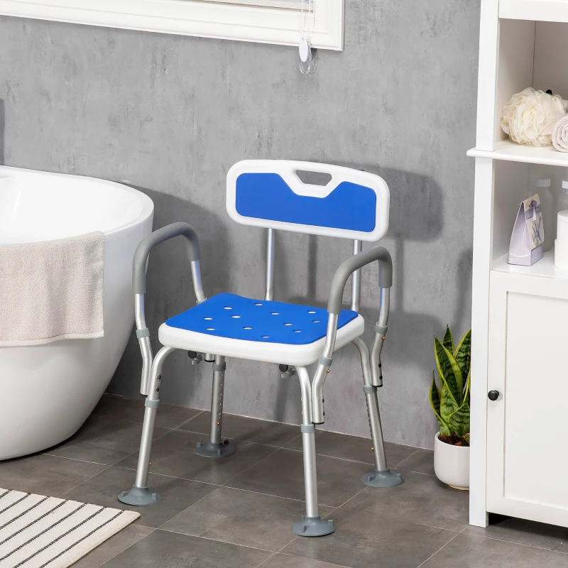 HOMCOM Tabouret de douche chaise de douche ergonomique hauteur réglable pieds antidérapants 56,5 x 53,5 x 87 cm blanc et bleu