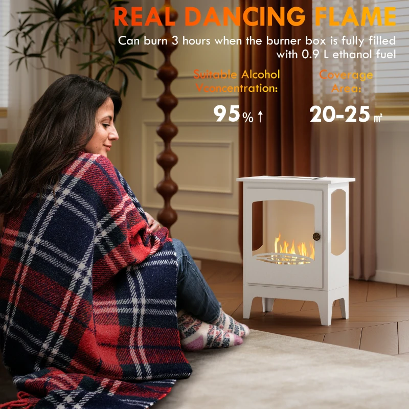 HOMCOM Freestanding Ethanol Fireplace, Steel Bioethanol Fireplace with Stainless Steel Flame Snuffer, 0.9L Tank, 3 Hours Burning Time for Indoor, White