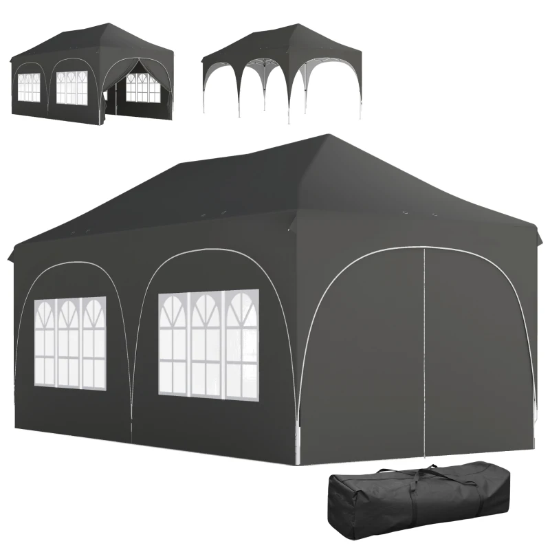 Outsunny Cort Pliabil 600x300 cm Pop-up cu 4 Laterale Detașabile Înălțime Reglabilă și Husă de Transport Gri închis