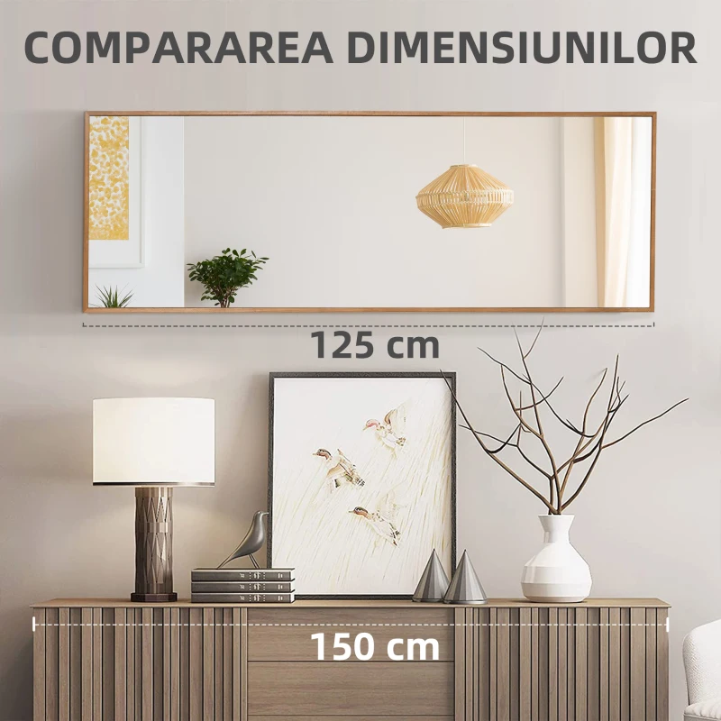 HOMCOM Oglinda cu design lung din lemn moderna, Oglinda decorativa de perete rustica, Oglinda de podea suspendata sau sprijinita, vertical sau orizontal, pentru sufragerie, dormitor, maro natural