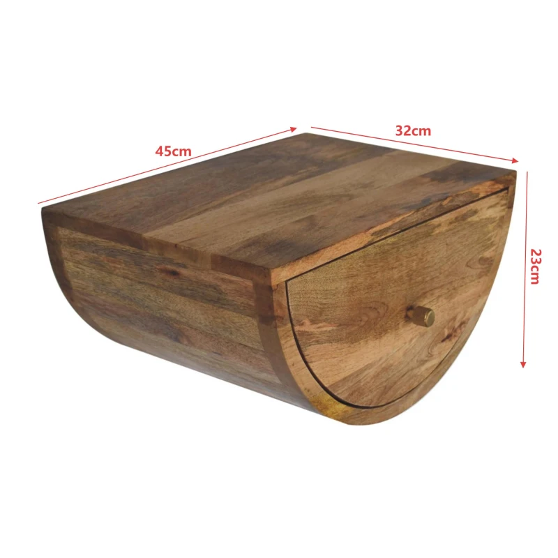 Solid Mango Wood Crescent Floating Bedside Table with Drawer and Brass Knob, Handcrafted Desk for Bedroom, 32L x 45W x 23H cm, Brown