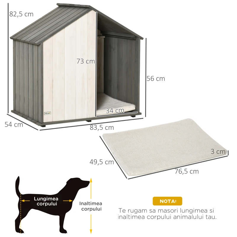 PawHut Cusca pentru Caini in Forma de Casuta din Lemn, cu Perna Inclusa, Gri si Alb