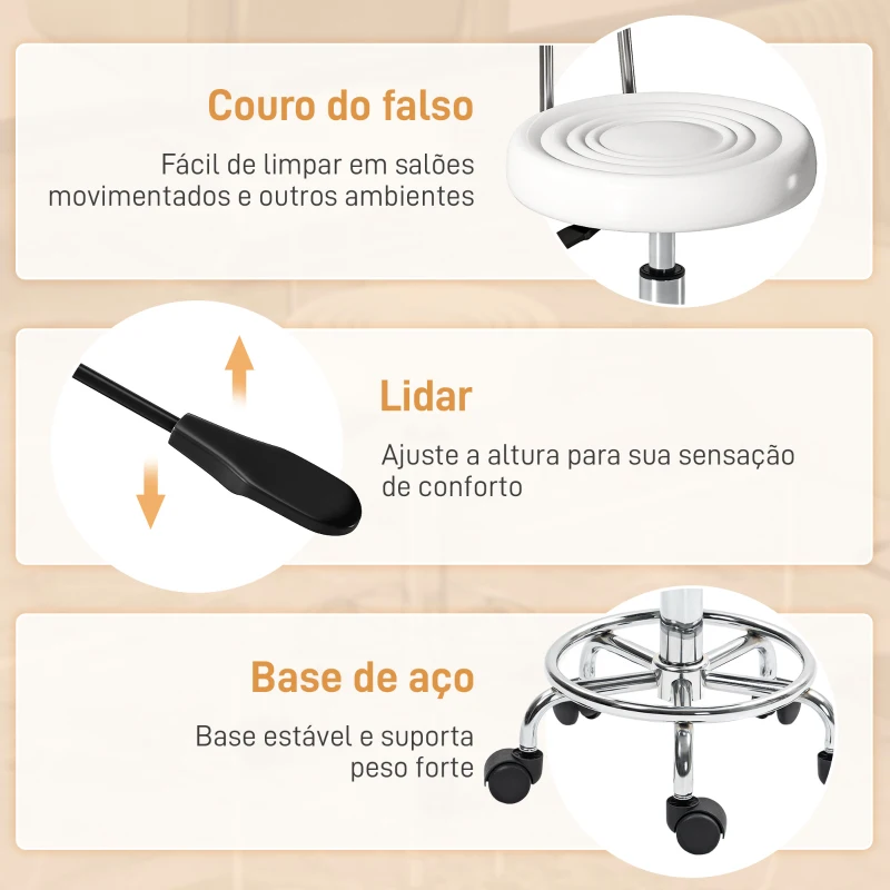 HOMCOM Banco Giratório com Rodas e Encosto Banco de Trabalho com Altura Ajustável Banco Estofado em Couro Sintético 32x40x70x70-86 cm Branco
