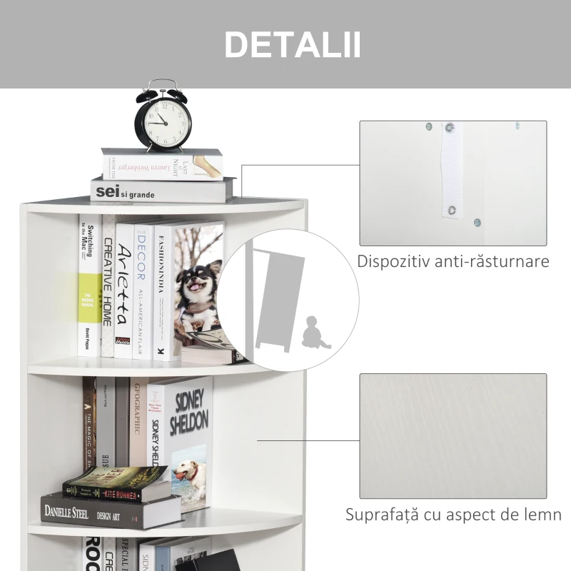 Homcom Biblioteca Colt Perete – 4 Rafturi Lemn Alb 120 cm
