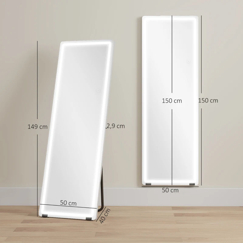 HOMCOM Espejo de Pie Cuerpo Entero con Luces 150x50 cm sin Marco 3 Temperaturas de Color Brillo Ajustable Transparente
