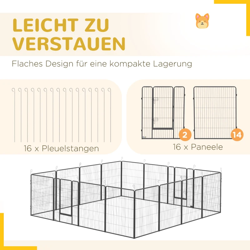 PawHut Welpenauslauf, modulares Design, 16 Elemente, 2 Türen, wetterfest, Stahl, 3,2 x 3,2 x 1 m, grau