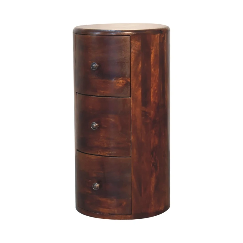 100% Solid Mango Wood Drum Chest with 3 Drawers, Sustainable and Durable Table with Handcrafted Stain Finish, 30L x 30W x 57H cm, Brown