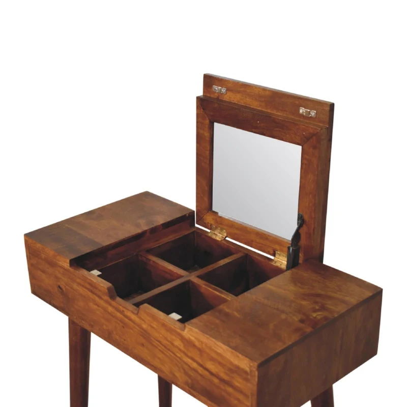 Solid Wood Mini Folding Vanity with Single Drawer and Folding Mirror, Handcrafted Desk with Deep-stain Finish, 35L x 70W x 78H cm, Brown