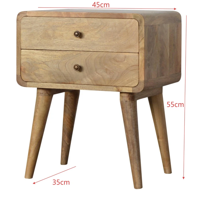 100 % Solid Mango Wood Bedside Table with 2 Smooth-Gliding Drawers, Hand-finished Desk with Nordic Legs, 35L x 45W x 55H cm, Brown