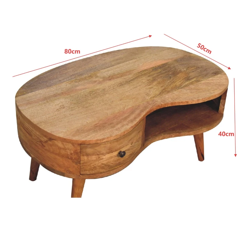 Solid Mango Wood Coffee Table with Drawer and Open Shelf, Handcrafted Tea Table with Clear Natural Finish, 50L x 80W x 40H cm, Brown
