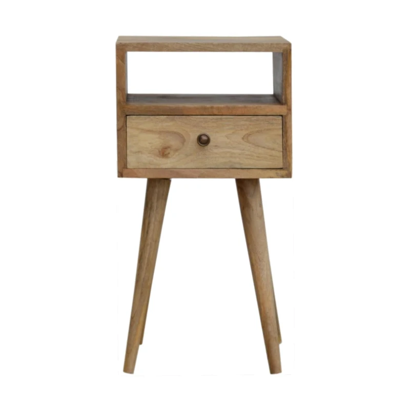 Solid Wood Mini Bedside Table with Drawer and Open Slot for Storage, Handcrafted Desk with Oak-effect Finish, 30L x 30W x 57H cm, Brown