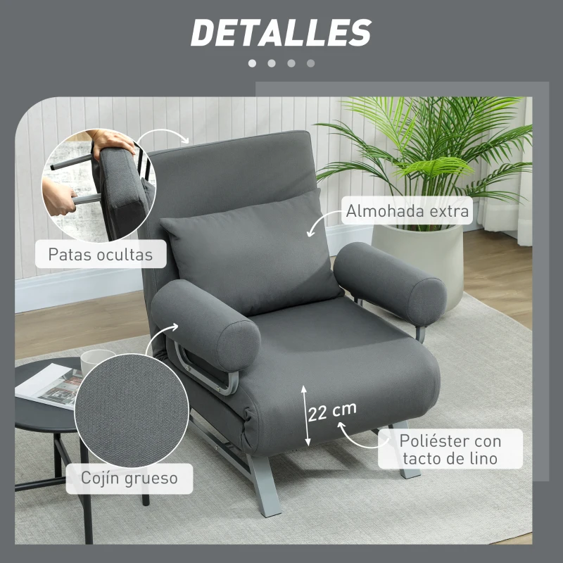 HOMCOM Sillón Cama Individual 3 en 1 Sofá Cama Plegable con Respaldo Ajustable y Cojín para Sala Dormitorio 73x78x81 cm Gris