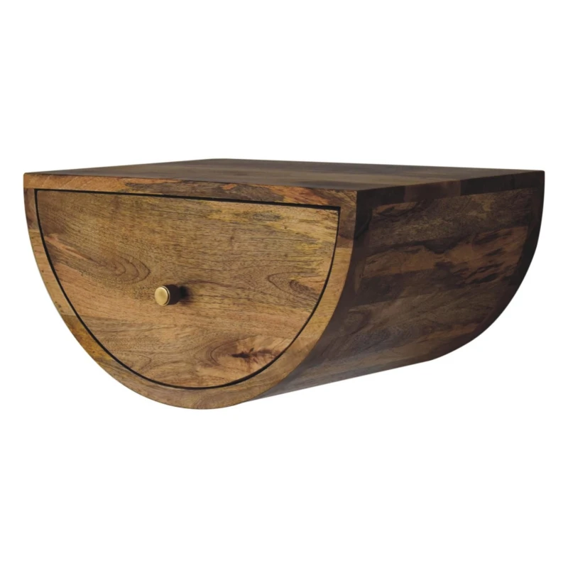 Solid Mango Wood Crescent Floating Bedside Table with Drawer and Brass Knob, Handcrafted Desk for Bedroom, 32L x 45W x 23H cm, Brown