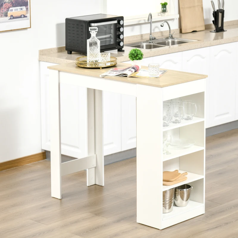 HOMCOM Table de bar pour 2 personnes, table haute mange debout avec 4 étagères ouvertes, 115x50x102,7cm, blanc et bois naturel