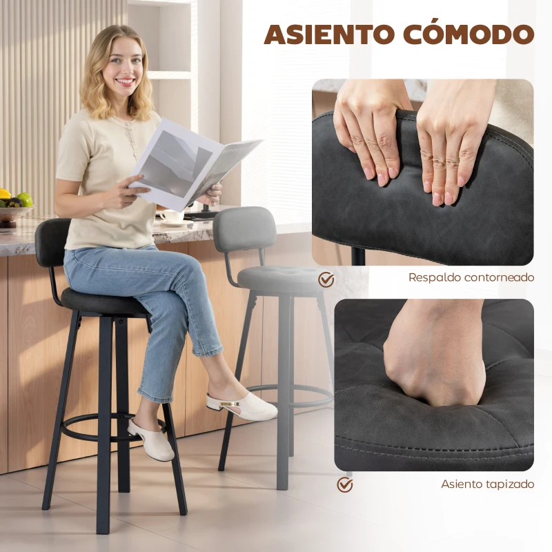 HOMCOM Juego de 2 Taburetes Altos de Cocina Giratorios Tapizados de PU con Respaldo Marco de Metal Reposapiés Gris Oscuro