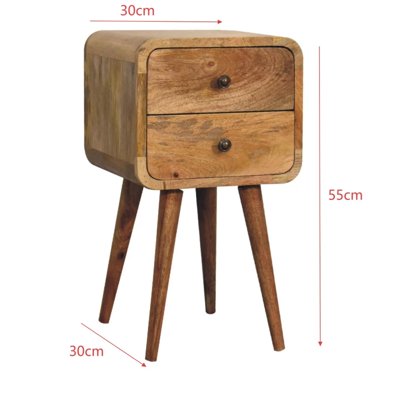 100% Solid Mango Wood Bedside Table with 2 Smooth-Gliding Drawers, Hand-Finished Desk with Nordic Legs, 30L x 30W x 55H cm, Brown