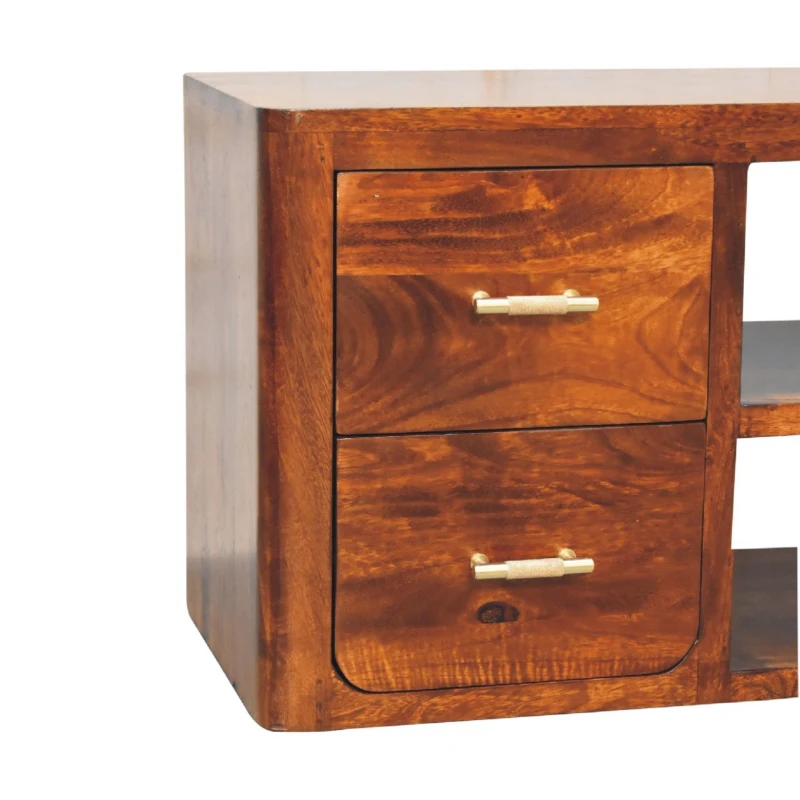 Solid Wood Luca Media Unit with 2 Open Compartments and 4 Drawers, Handcrafted TV Cabinet for Living Room, 35L x 110W x 45H cm, Brown