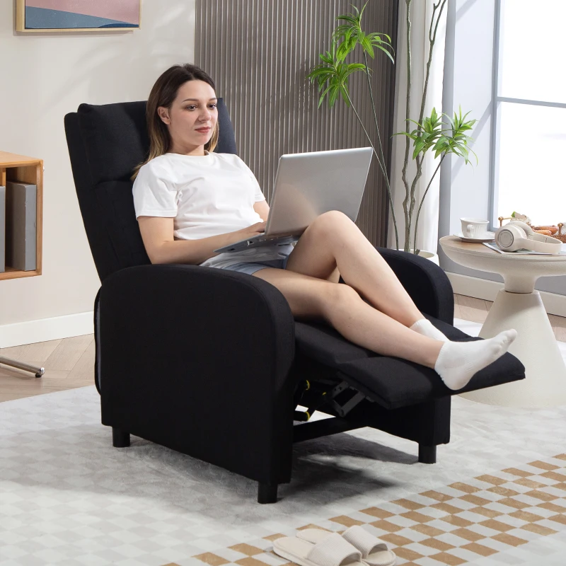 HOMCOM Sillón Relax Reclinable Manual hasta 155º Apertura Push con Reposapiés Respaldo Alto Acolchado Grueso Negro