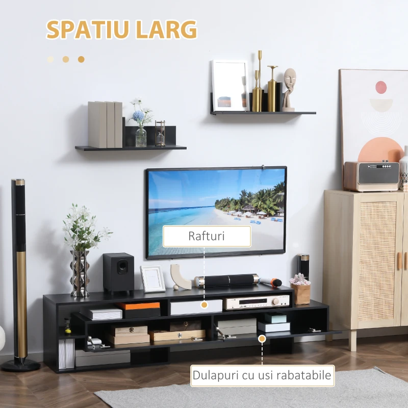 Homcom Suport TV Modern 130 cm cu Dulapuri si Rafturi – Negru