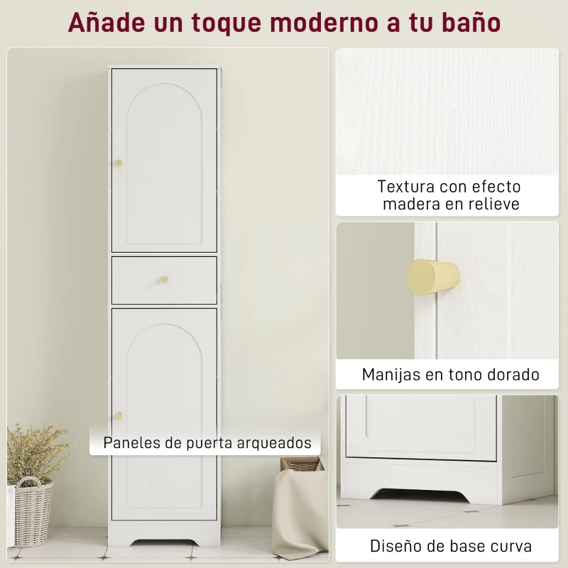 HOMCOM Armario Alto de Baño Estrecho con 2 Puertas Arqueadas Cajón y Estantes Ajustables Moderno 40x29,5x170 cm Blanco Veteado