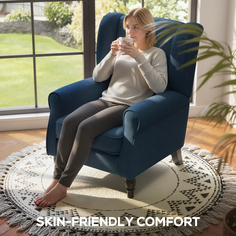 HOMCOM Scaun Decorativ Capitonat cu Spatar Inalt, Cotiere Rotunjite Captusite și Sezut cu Captuseala Groasa, Albastru