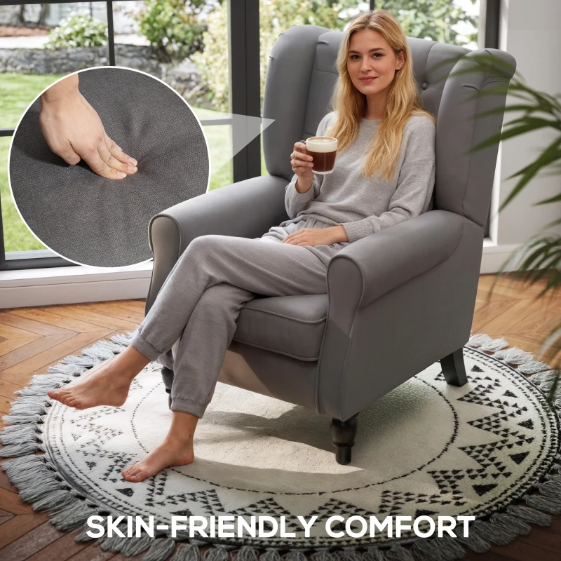 HOMCOM Retro Accent Chair, Snow Flannel Wingback Armchair with Wood Frame Button Tufted Design for Living Room Bedroom, Dark Grey