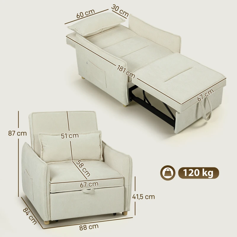 HOMCOM Sillón cama 3 en 1 transformable con función de cama, cojín lumbar, para salón, crema