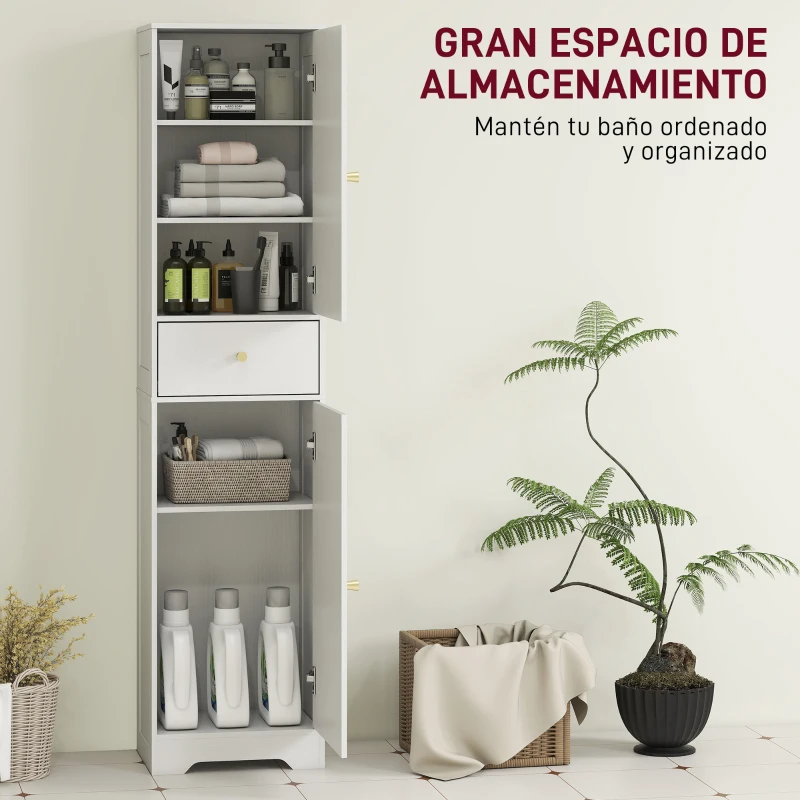 HOMCOM Armario Alto de Baño Estrecho con 2 Puertas Arqueadas Cajón y Estantes Ajustables Moderno 40x29,5x170 cm Blanco Veteado