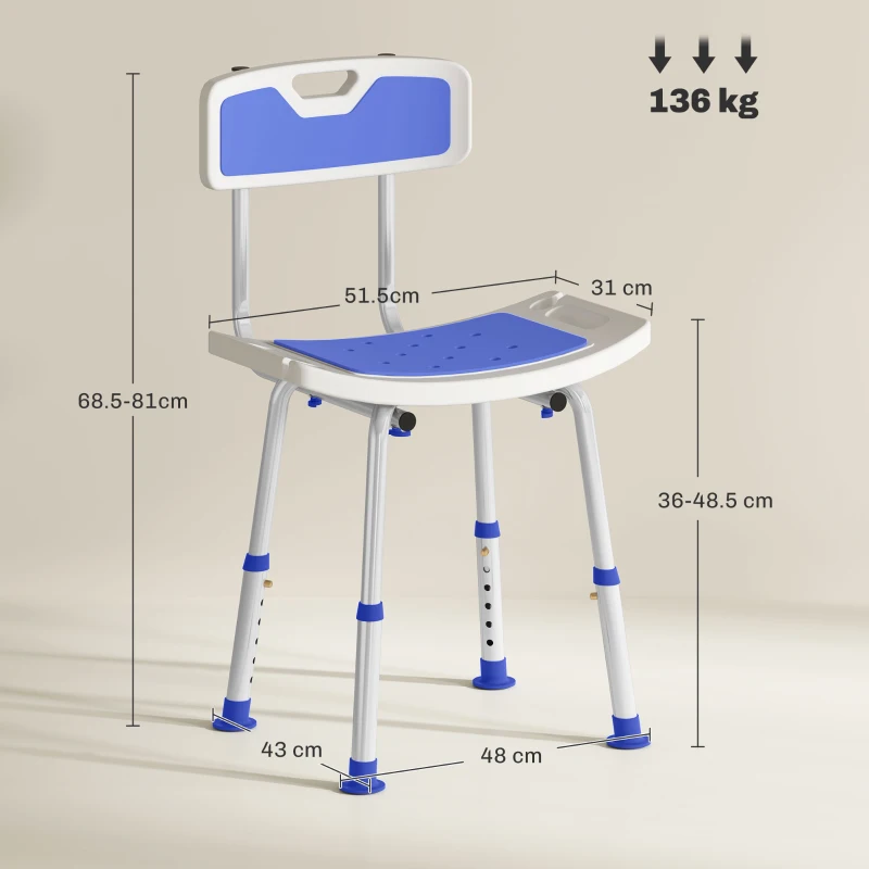 HOMCOM Shower Stool with Backrest, Height Adjustable Shower Chair with Anti-slip Foot Pads, Shower Head Holder, Blue