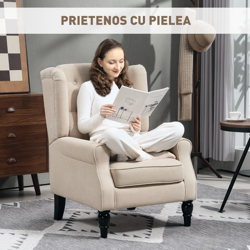 HOMCOM Fotoliu Capitonat cu Spatar Inalt, Cotiere Rotunjite Captusite și Sezut cu Captuseala Groasa, 74x87x102 cm, Bej