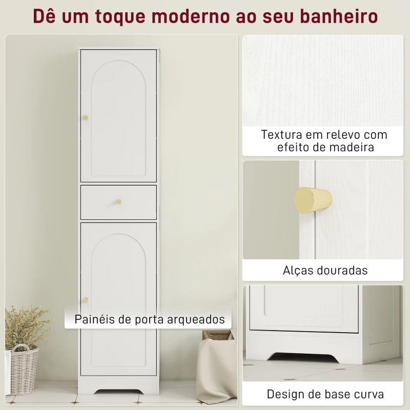HOMCOM Coluna Casa de Banho com 2 Portas Arqueadas Gaveta e Prateleiras Ajustáveis Armário Alto Casa de Banho 40x29,5x170 cm Branco com Veios