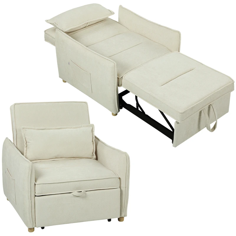 HOMCOM Sillón cama 3 en 1 transformable con función de cama, cojín lumbar, para salón, crema