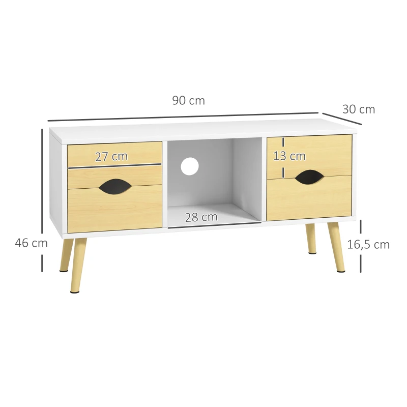 HOMCOM Móvel para TV até 101,6 cm pés em madeira maciça 4 gavetas 1 nicho central 90 x 30 x 46 cm natural branco